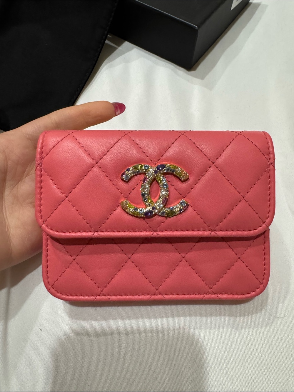 CHANEL Pink Quilted Leather Card Case with Jeweled CC Emblem